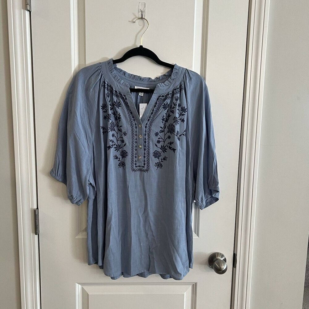 Westbound Women’s Peasant Top 1X Embroidered Linen Blend